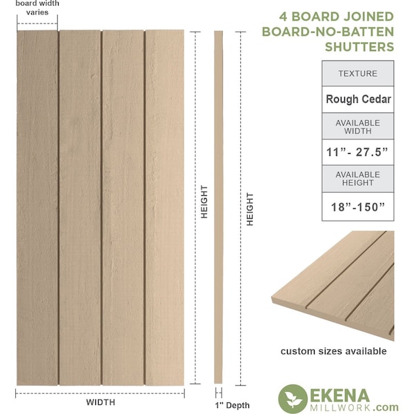 Rustic Four Board Joined Board-n-Batten Rough Cedar Faux Wood Shutters W/No Batten, 22W X 90H